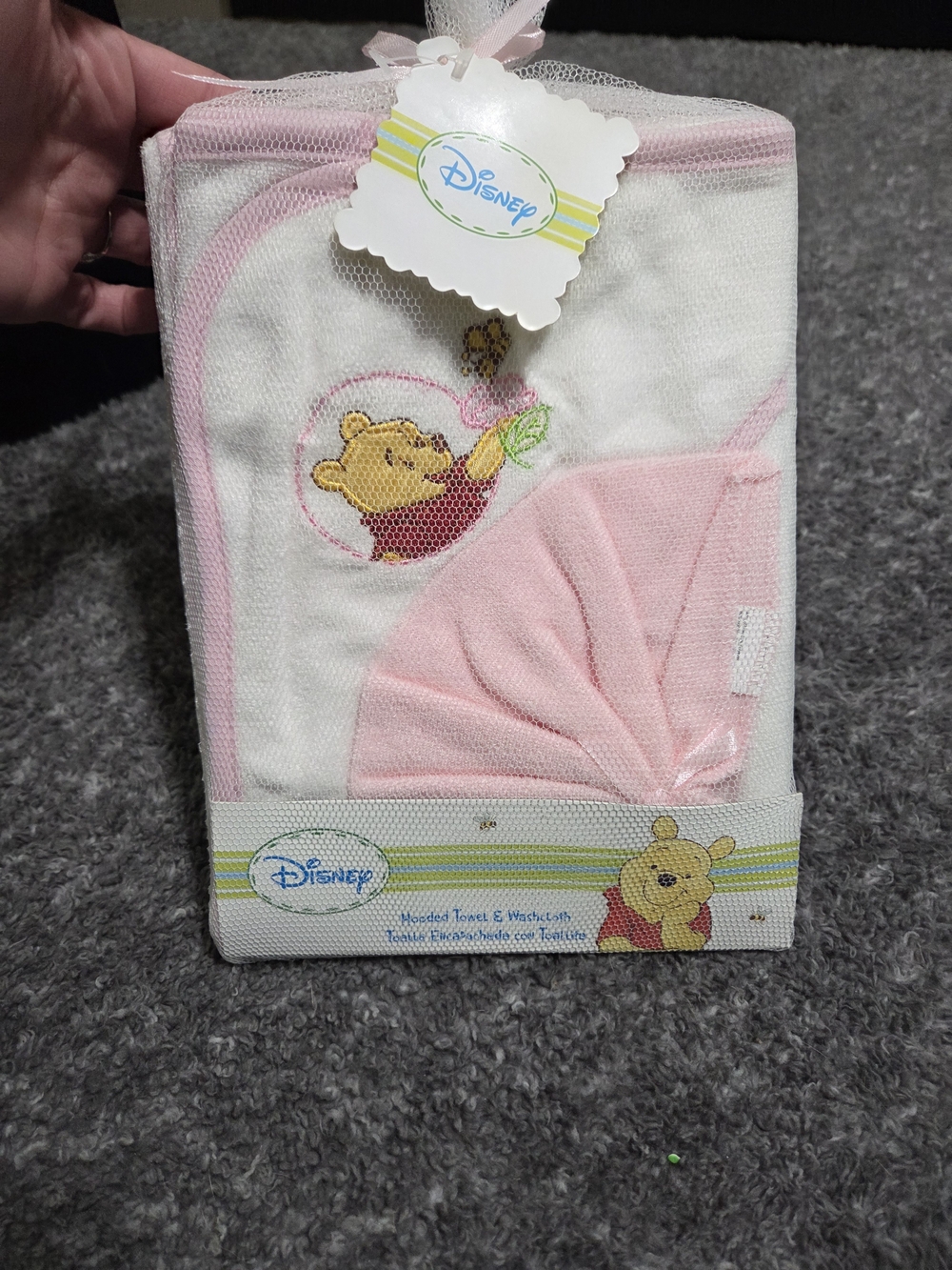 Disney Pink and White Winnie the Pooh Hooded Towel & Washcloth Set